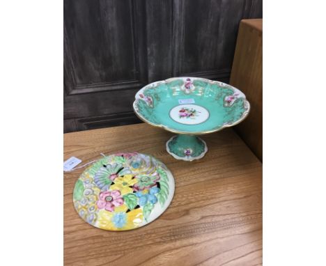 CLARICE CLIFF STYLE WALL PANEL, along with a Royal Worcester comport, Bisto ewer and a jardiniere (4)