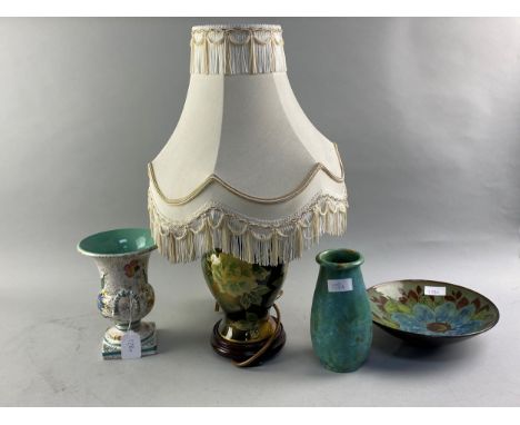 MODERN VASE LAMP, with cream shade, along with two hand painted vases and a circular dish (4)
