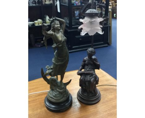 ART NOUVEAU GILDED SPELTER FIGURAL TABLE LAMP, with shade, along with a reproduction art nouveau style figural table lamp and