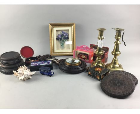 LATE VICTORIAN BAROMETER, 44cm high, along with a pair of brass candlesticks, two Russian lacquered boxes, wood stands and mo