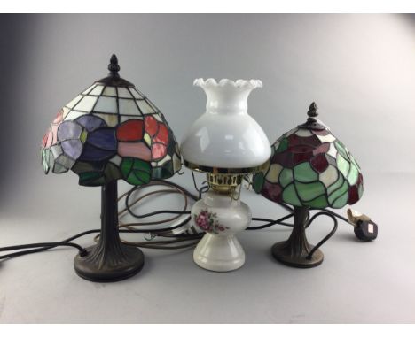TWO TIFFANY STYLE TABLE LAMPS, along with another table lamp (3)