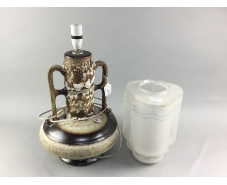 WEST GERMAN POTTERY TABLE LAMP, 47cm high, along with an Art Deco glass shade and an artist's easel (3)