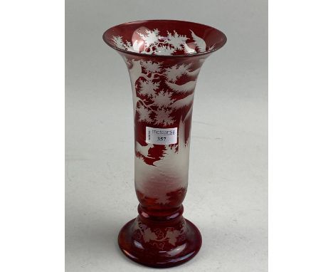19TH CENTURY RUBY GLASS VASE, with an etched design of animals in a forrest, 29cm high