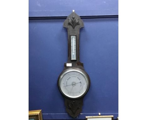STAINED WOOD WALL BAROMETER, 80cm high