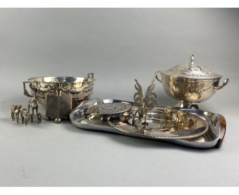 PIQUOT WARE TRAY, along with a circular tray, comport, a 'train' of camels, white metal model bird figures and a lamp