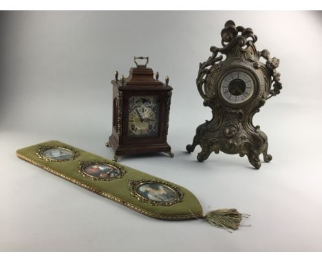 GEORGIAN STYLE WALNUT MANTEL CLOCK BY WARMINK, along with another mantel clock and a set of three portrait miniature prints s