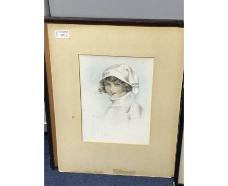 WATERCOLOUR OF A LADY, signed Molly Buchanan, along with a print of a baby, framed