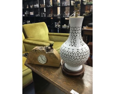 BURR WALNUT MANTEL CLOCK, along with a reticulated vase lamp, a Classical wall sconce and a case plate and mother of pearl kn