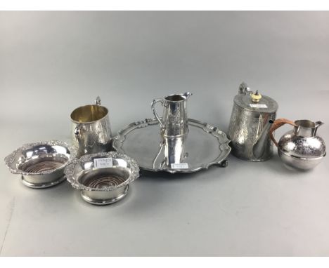 GROUP OF PLATED ITEMS, including a Victorian three piece tea service, a pair of wine coasters, Jersey milk can and a salver (