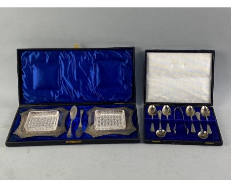 SET OF SIX SILVER PLATED TEASPOONS AND TONGS, along with other silver plated flatware in fitted cases