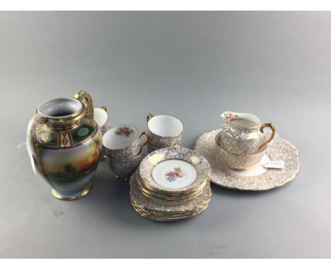 CAVOUR WARE STAFFORDSHIRE PART TEA SERVICE, decorated with gold scrolling foliate designs on a white ground, comprising six c