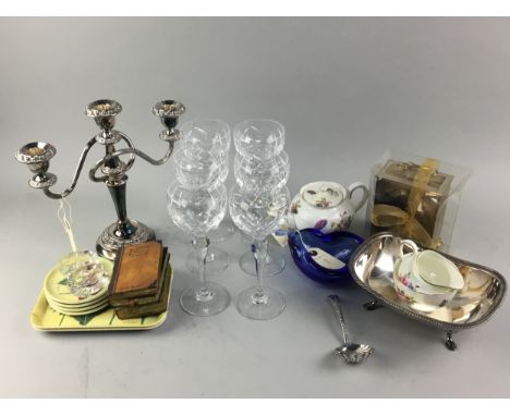 SET OF SIX CRYSTAL HOCK GLASSES, along with a Cauldon tea pot, sugar and cream, also a candelabrum, carriage clock and other 