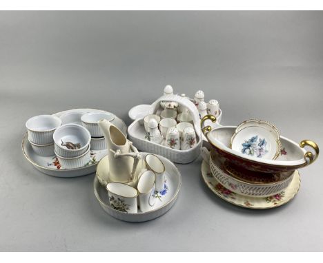 LOT OF MINTON AND OTHER CONDIMENTS, along with Royal Crown Derby egg cups, a Royal Worcester jug and Royal Worcester dishes