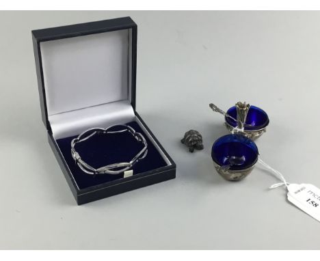 MODERN SILVER BANGLE, along with a Continental silver double salt dish with spoons and a silver miniature model of a tortoise