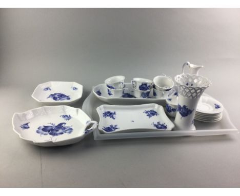 ROYAL COPENHAGEN COFFEE SERVICE, decorated with blue flowers on a white ground, including six cups and saucers, sandwich plat