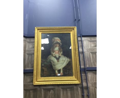 PEARS COLOUR PRINT OF A SEATED GIRL, in gilt gesso frame, 90cm x 68cm overall