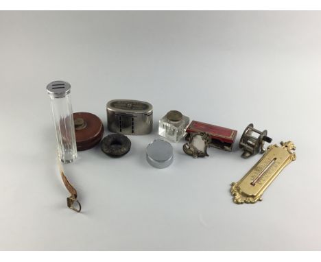 VINTAGE FISHING REEL, along with an Airdrie savings bank, brass thermometer, toilet jar, vintage tape measure and other items