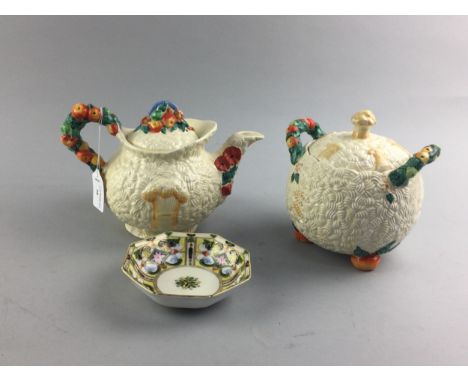 CLARICE CLIFF AUTUMN HARVEST PATTERN TEAPOT AND SUGAR BOWL, along with a Noritake dish (3)
