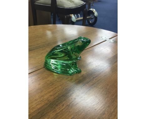BACCARAT GREEN GLASS MODEL FROG, 10cm long, along with a Baccarat clear glass frog, an Orrefors decanter with stopper and a s