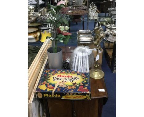 BRASS TABLE LAMP OF ART NOUVEAU DESIGN, along with two '1960's' lamps and a set of Mazda Dinseylights (4)