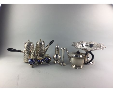 TWO HAMMERED SILVER PLATED COFFEE POTS, along with three plated pots, tazza, caster, solifleur vase, trays and ceramic cruet 