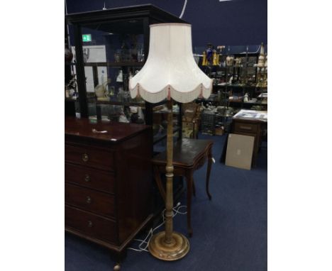 STAINED WOOD STANDARD LAMP, with shade