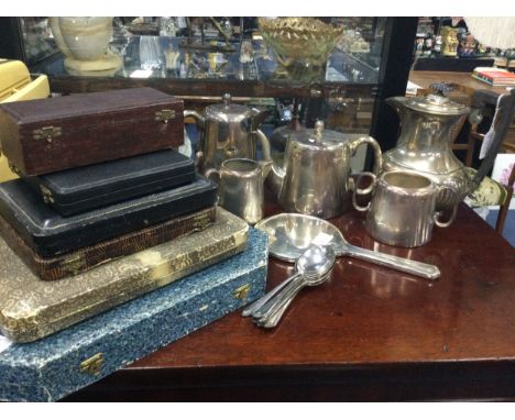 SILVER HAND MIRROR, along with various silver plated ware including flatware, some contained in fitted cases
