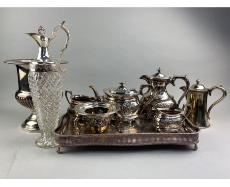 SILVER PLATED FOUR PEICE TEA SERVICE, along with a silver plated recatangular tray, a water jug and a wine cooler