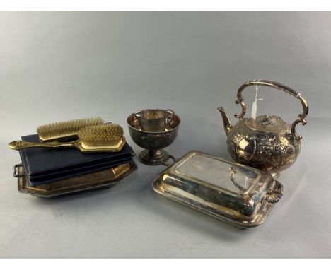 SILVER PLATED TEA KETTLE, along with other silver plated items, including bowls, flatware and a salver