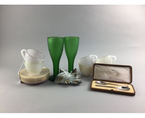SET OF SIX ART DECO STYLE CUPS AND SAUCERS, along with a pair of green glass flutes, a ceramic fish wall vase and a pair of W