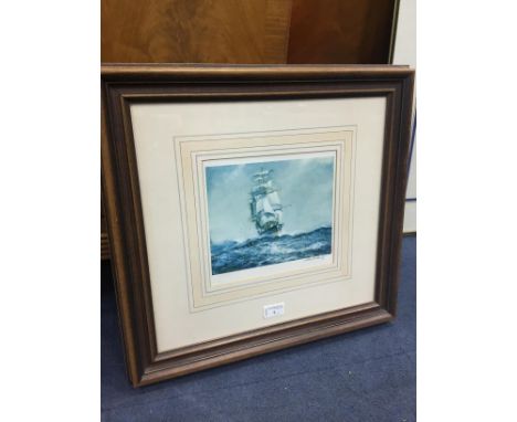 AFTER ARTHUR BRADBURY SHIP ON THE OCEAN print, signed in pencil, mounted framed and under glass 45cm x 49cm overall size, alo