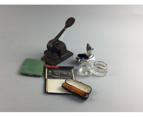 LATE 19TH CENTURY PAPER STAMP, along with cased drawing instruments, crystal inkwell, shagreen compact, open salt dish, musta