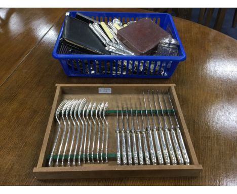 SET OF FIVE SILVER TEASPOONS AND TONGS, in fitted case, along with a set of six silver coffee spoons, in fitted case and othe