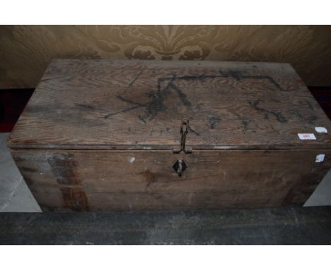 A vintage wood tool box and contents