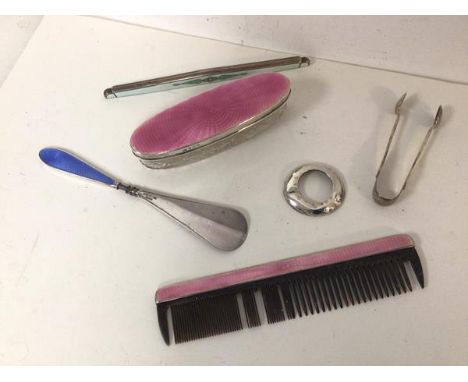 Assorted silver items including a silver guilloche handled shoe horn, an oval jar, handle and another comb back, silver sugar