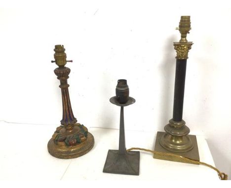 A group of table lamps, the largest a metal lamp in the form of a Corinthian column on square base (to top of lamp holder: 41