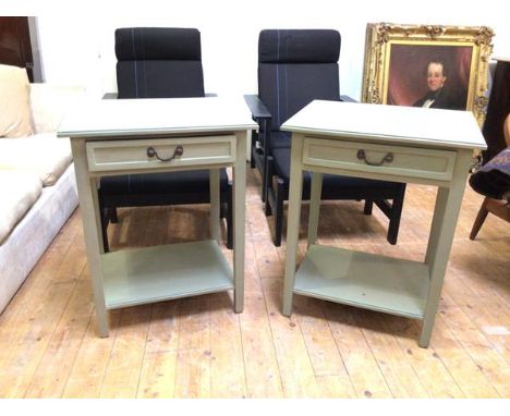 A pair of lamp tables, the rectangular top with moulded edge above a single frieze drawer, on tapering square supports united