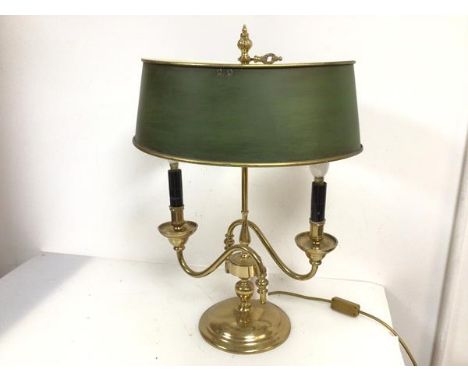 A brass Bouillotte table lamp with painted metal shade, scroll arms and circular base (55cm x 40cm x 30cm)