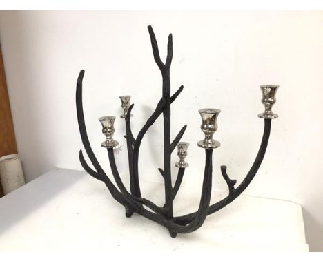 A modern metal candelabra of naturalistic form with five candleholders (51cm x 58cm x 30cm)