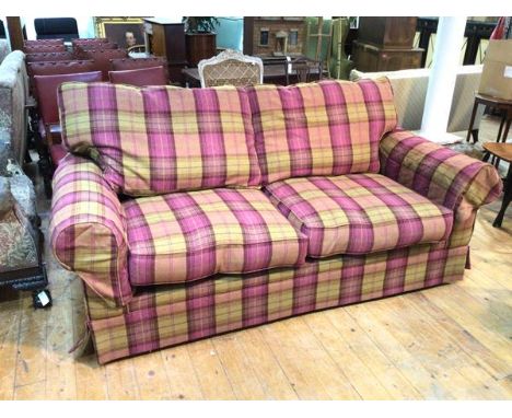 A John Lewis two seater sofa in plaid upholstery with scrolled arms (87cm x 200cm x 95cm)