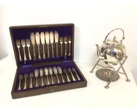 An Epns kettle on stand and burner plate with a boxed set of twelve fish knives and forks (kettle: 28cm)