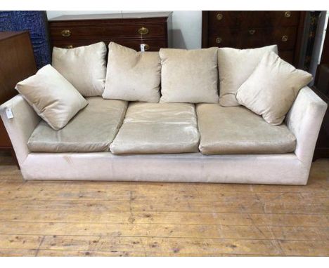 A modern sofa in sand upholstery with down filled cushions, on square supports (70cm x 225cm x 102cm)