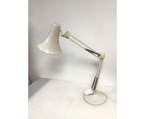 An anglepoise style table lamp with flared conical shade on adjustable body and circular base (extended: 75cm)