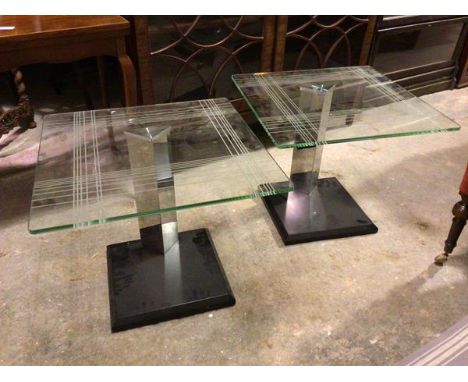 A pair of modern lamp tables with square etched glass tops on triangular mirrored stems and square bases (50cm x 60cm x 60cm)