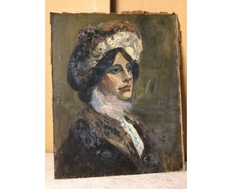 J. Miller Brownlie, Early Spring, portrait of Lady in Hat, oil, paper label verso, possibly unassociated, unframed (50cm x 40
