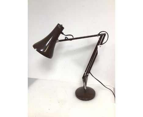 An anglepoise lamp, c.1980s with conical shade in chocolate brown on adjustable arm stamped Herbert Terry &amp; Sons Ltd. Ang