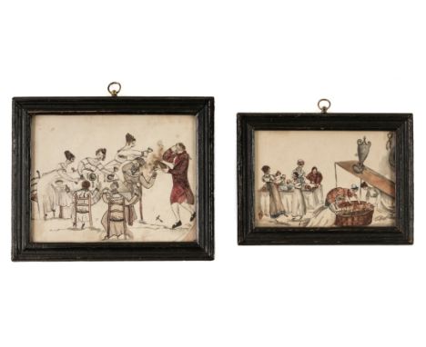 * Naive School. A pair of Regency drawings of domestic scenes, circa 1810, pen, ink and watercolour with traces of pencil, th