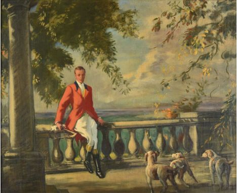 ARR * Barnes (Archibald George, 1887-1972). Huntsman and Hounds on a Veranda, circa 1920s, oil on canvas, signed Barnes lower