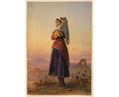 * Haag (Carl, 1820-1915). Italian peasant girl in a landscape, 1899, watercolour with bodycolour on card (additionally laid d