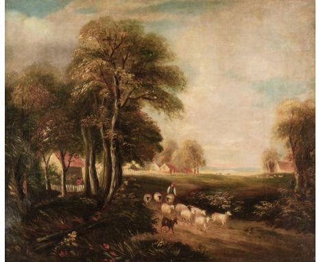 * English School. Landscape with shepherd and livestock, mid-late 19th century, oil on canvas, canvas with 'J.Reeves ..., 98 